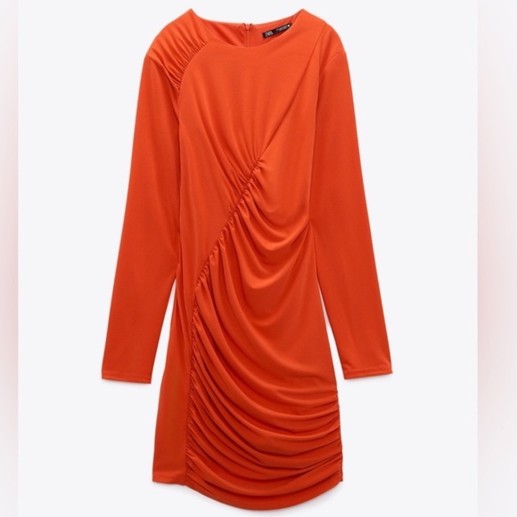 New ZARA Ruched Orange Bodycon dress - Picture 9 of 16